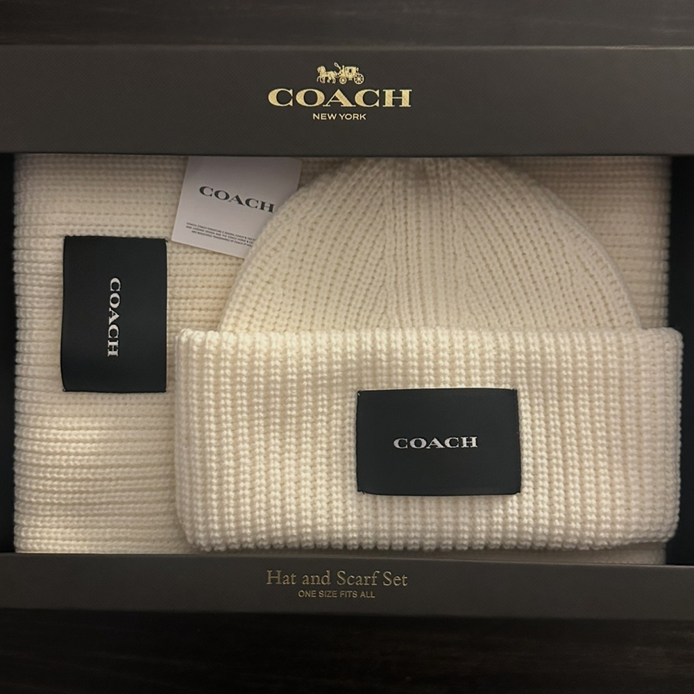 Coach Women’s Woven Knit Cream Scarf & Beanie Set